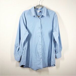 Athleta Perfomance Poplin Oversized Button-Up Top Size L Blue Long Sleeve Pocket